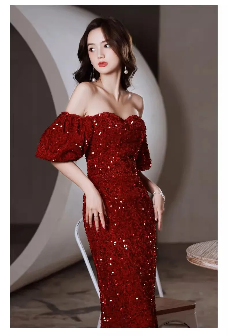 ASL-85#Evening Dress for Women 2024 New Style Banquet High end French Wine Red Glitter Annual Meeting Host Dress Cheap Wholesale