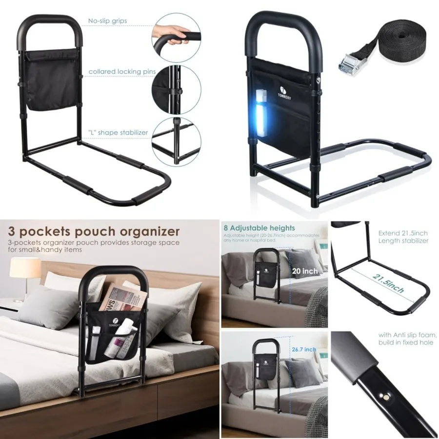 

Bed Rails for Elderly Adults Assist Safety with Motion Light for Seniors Hand Bar Grab with Storage Pocket Patent Stabilizer wi