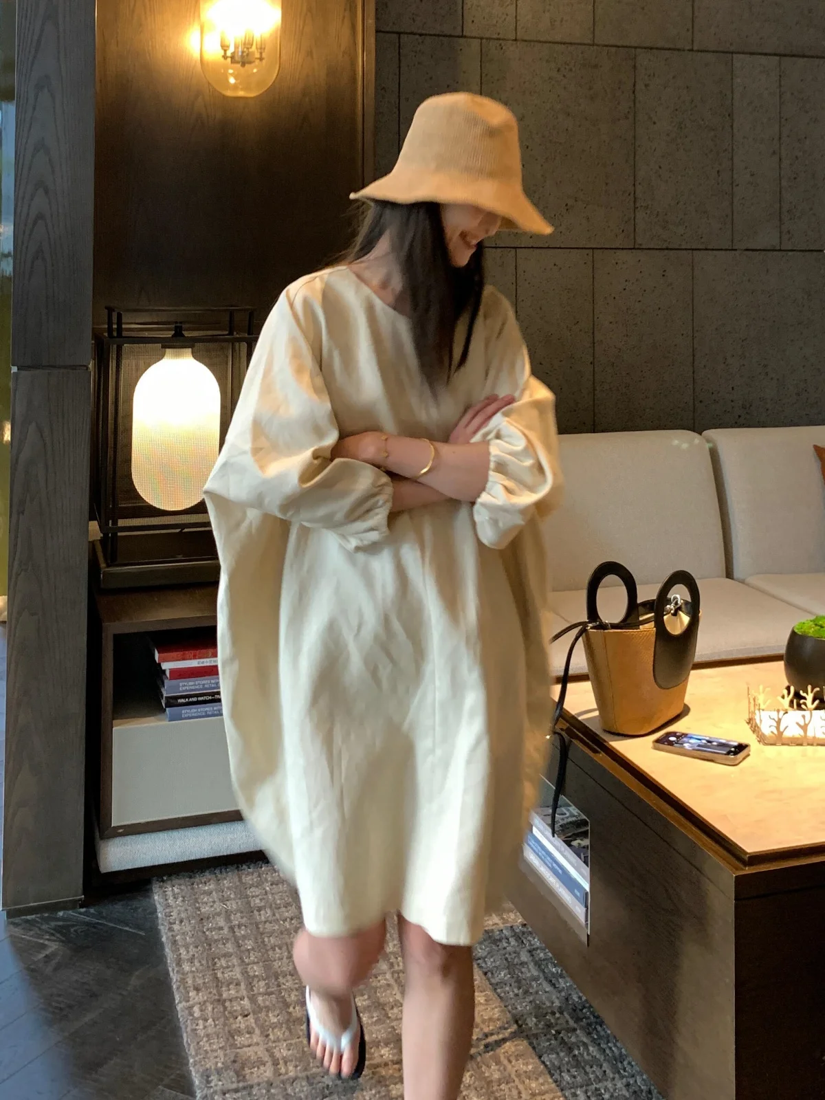 

Loose Lantern Sve Apricot Dr Slimming Vest Dr Comfortable Korean Sle Women's Summer High Waist A-Line Dr