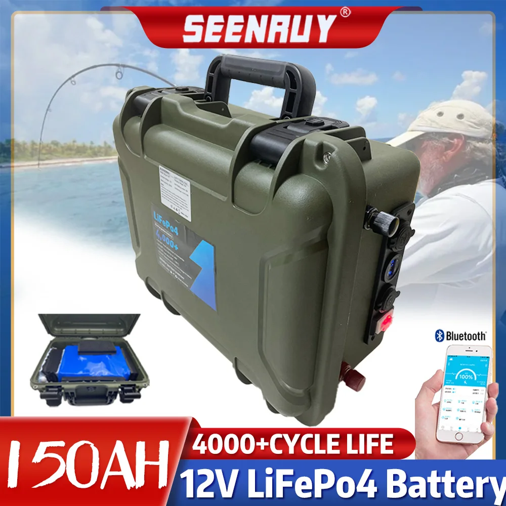 SEENRUY Army Green 12V 150Ah 180Ah LiFePo4 Waterproof Lithium Battery 150A for 65lbs 86lbs Boat Propeller Marine Propulsion