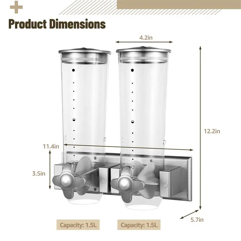 Dual-Headed Wall-Mounted Cereal Dispenser 3L Dry Food Dispenser Wall Mounting Candy Dispenser Grain Wall Dispensing Canister