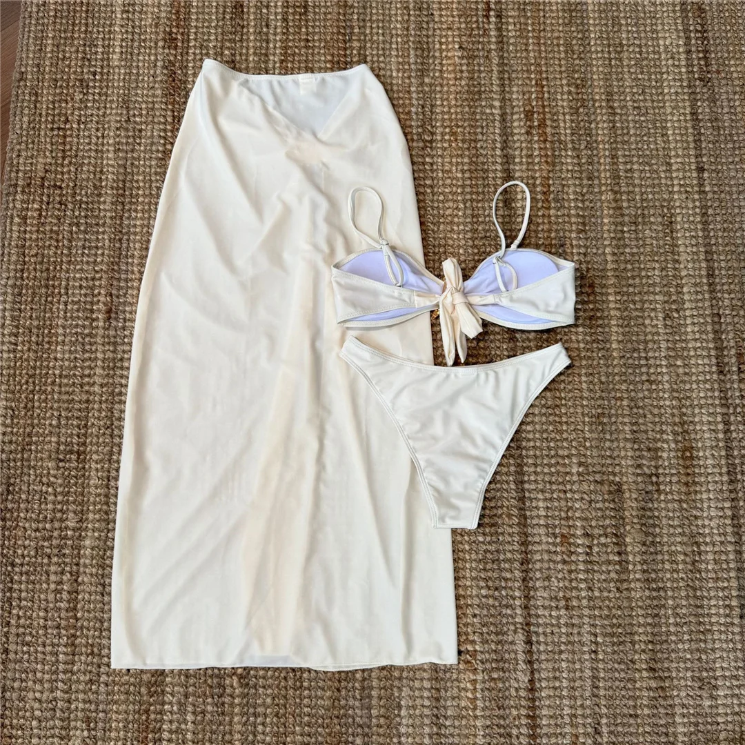 Metall-Stern-Bikini, Damen-Badeanzug, dreiteiliges Bikini-Set mit Rock, brasilianischer Badeanzug, Badebekleidung, Modell V7104C. – Detail 15