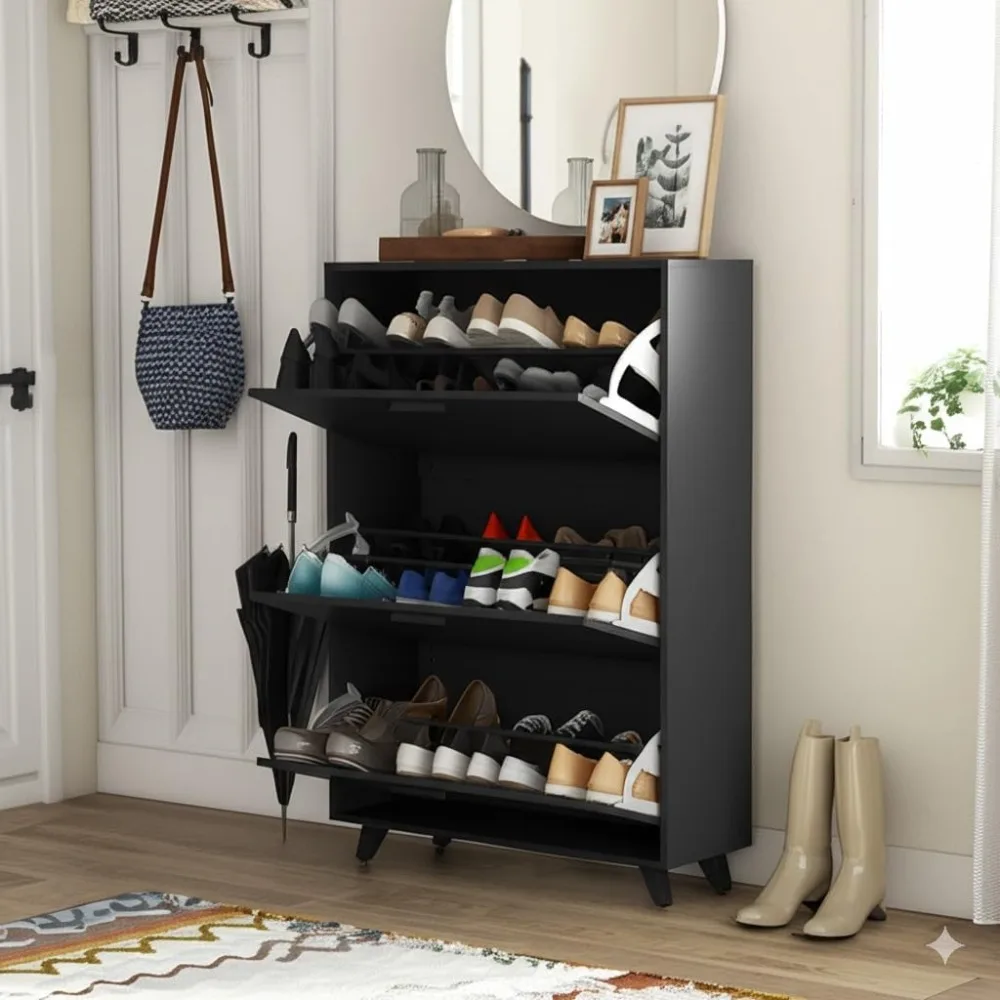 

Black Shoe Storage Cabinet for Large Shoes up to Size 16, 3-Tier Adjustable Flip-Door Organizer, Space-Saving Wooden Ca