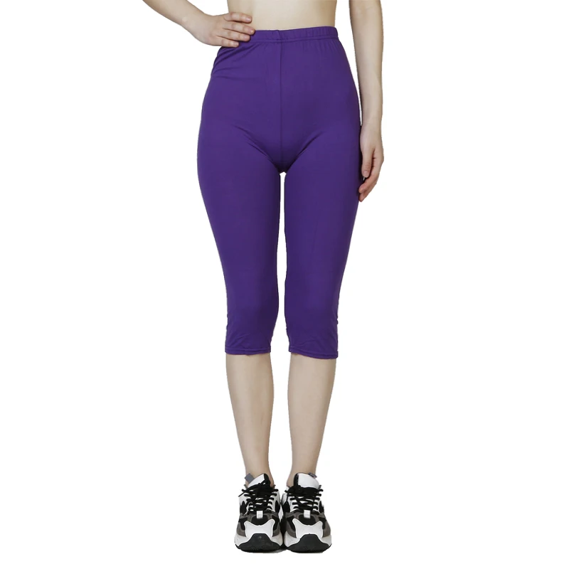 QR63 Solid Color Capris Leggings, WOMEN\'S Fashionable Elastic Waist Exercise, Short Leg Pants