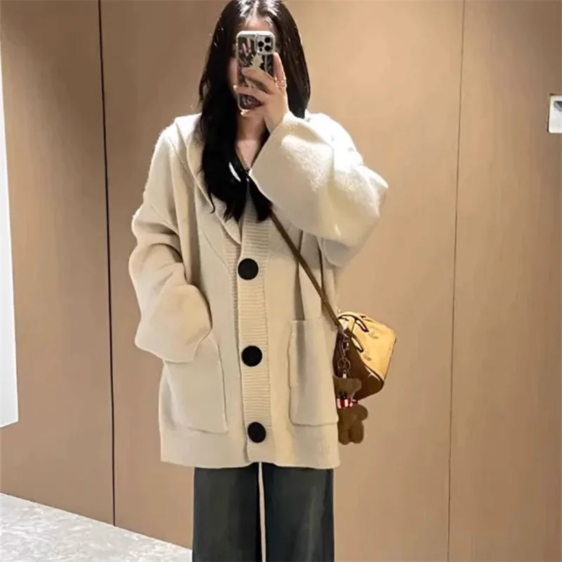 

Guangdong Dongguan Luxury Lazy Knitted Hat Sweater Early Autumn 2025 New Sle South Oil Top Long Sve Hooded Cardigan