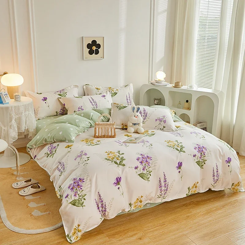 1PC Duvet Cover Beige Purple Yellow Flower Light Green Dot Patchwork Skin-Friendly All-Season for Single Double Queen King Bed