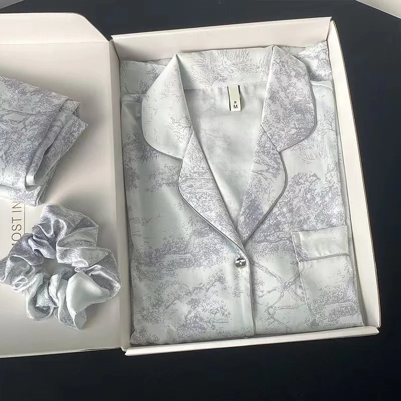 Summer women's pajamas, double short cardigan, cute and sweet lapel, printed ice silk, soft and luxurious women's home wear