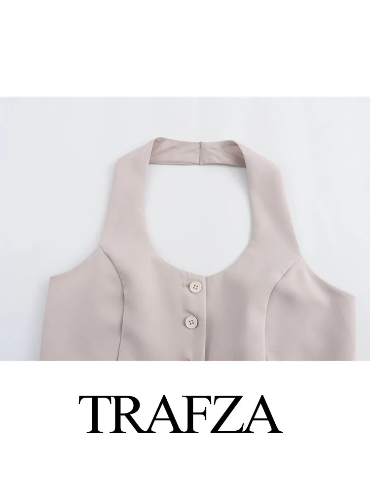 TRAFZA Women Set da 2 pezzi Solid Sexy senza maniche Backless monopetto canotta + tasche laterali a vita alta pantaloni Casual a gamba larga