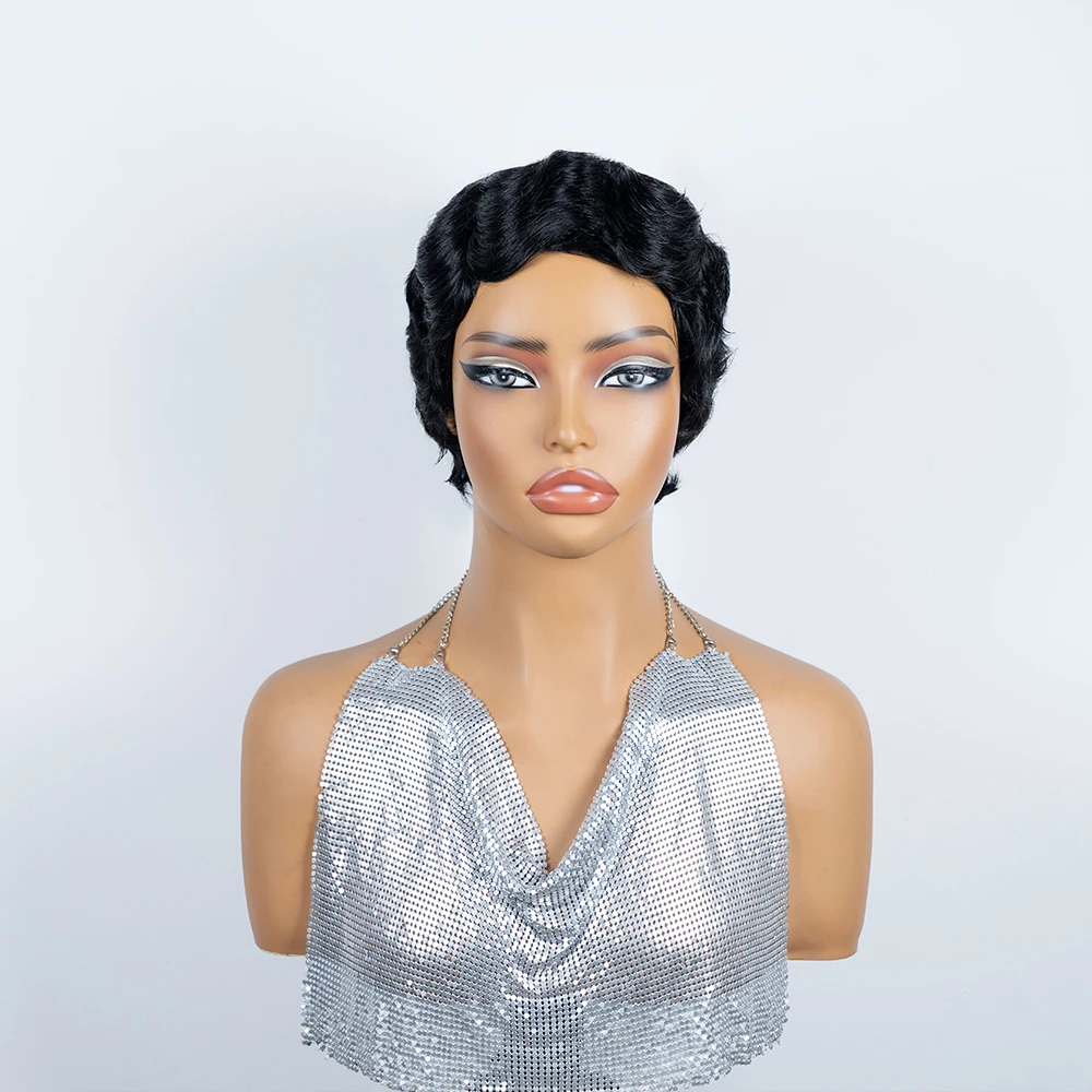 Short Pixie Cut Wigs for Women 100% Human Hair Finger Wave Pixie Wig Black Short Human Hair Wigs Full Machine Made, Water Wave