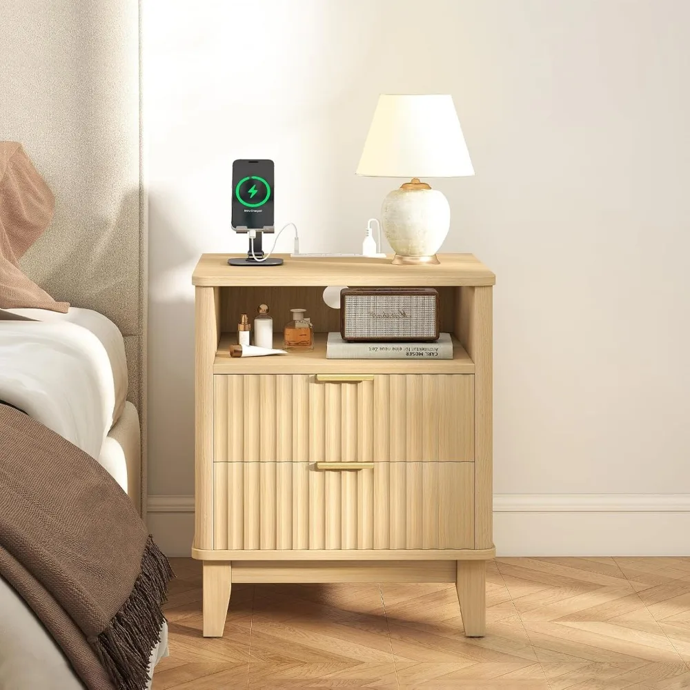 Contemporary Bedside Table with Charging Station and Storage Drawers