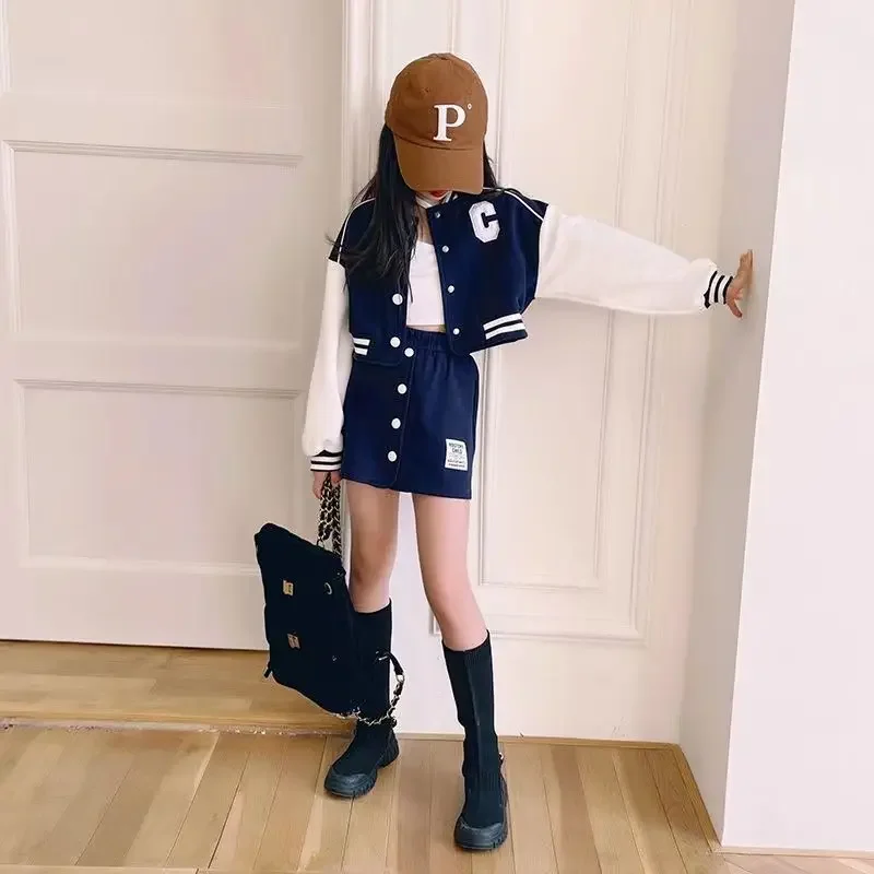 

2024 Girls Jackets Teenager Patchwork Button striped Crop Top Coats Jacket + sexy short skirt autumn winter 4 6 7 8 9 10 12 year