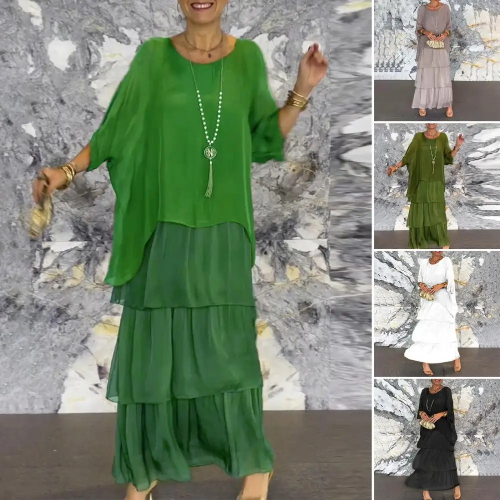 Vestido de chiffon de cor sólida vestido feminino de chiffon elegante em camadas vestido maxi de chiffon com mangas morcego para festa de formatura noite feminina