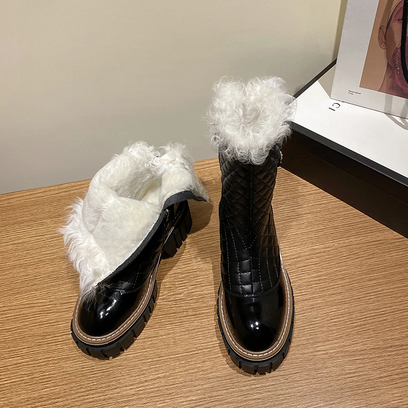 2022new European winter boots natural leather warm snow boots 22-24.5cm Fur one cowhide+wool side zip ankle boots platform boots