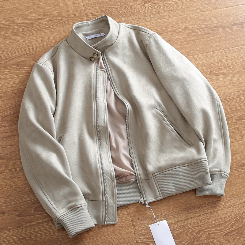 

Men's Loose Suede Windproof Retro Stand Collar Casual Jaet Autumn Faion Ci Sle Long Sve Stand Fit Outerwear