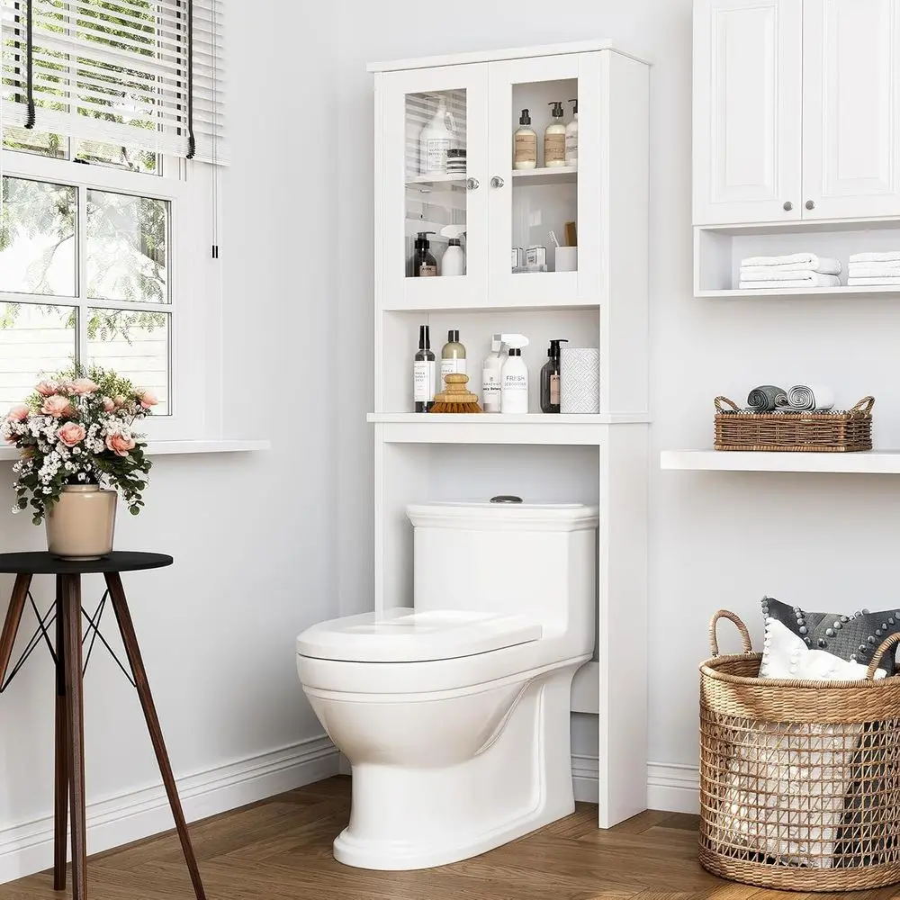 

Over The Toilet Storage Cabinet or Bathroom, Storage Organizer Over Toilet, Space Saver with Tempered Glass Do, White