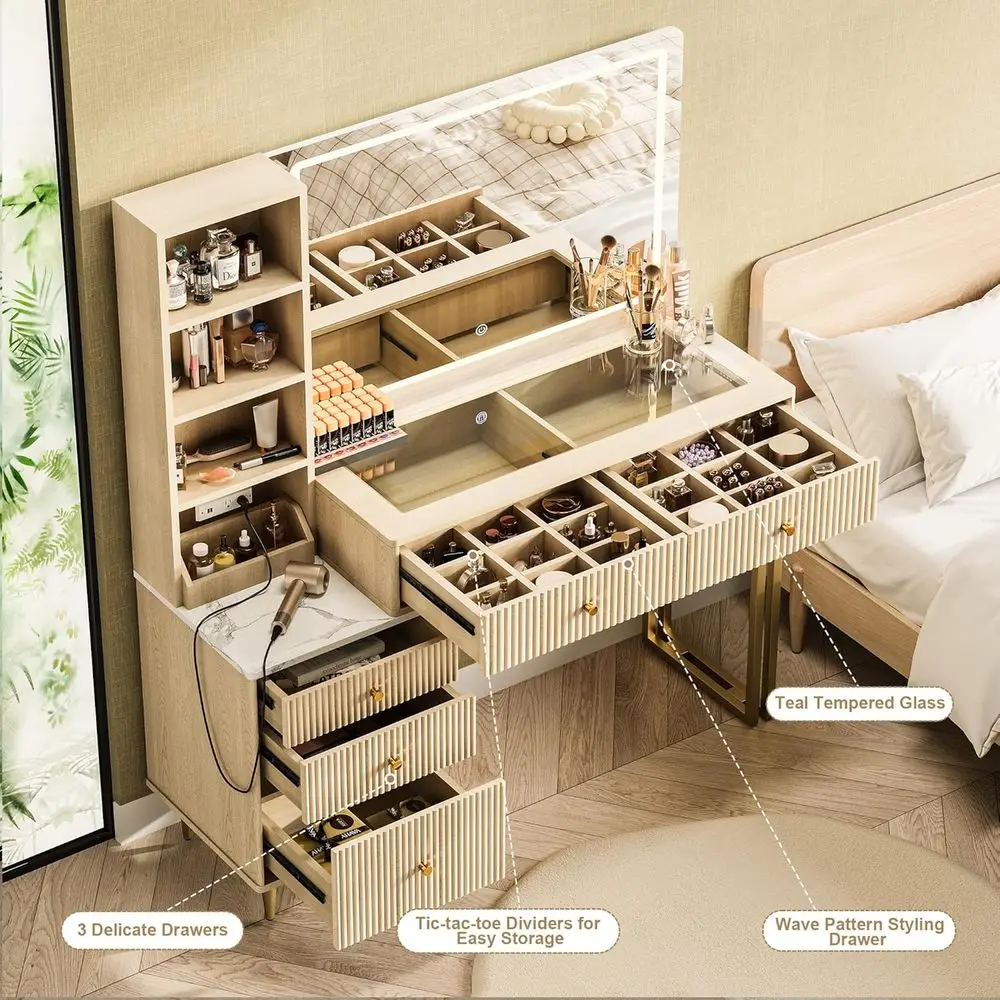 Bureau de maquillage en chêne avec 32 miroirs lumineux, plateau en verre, 3 lumières, design incurvé, 5 tiroirs, ensemble de coiffeuse de chambre moderne