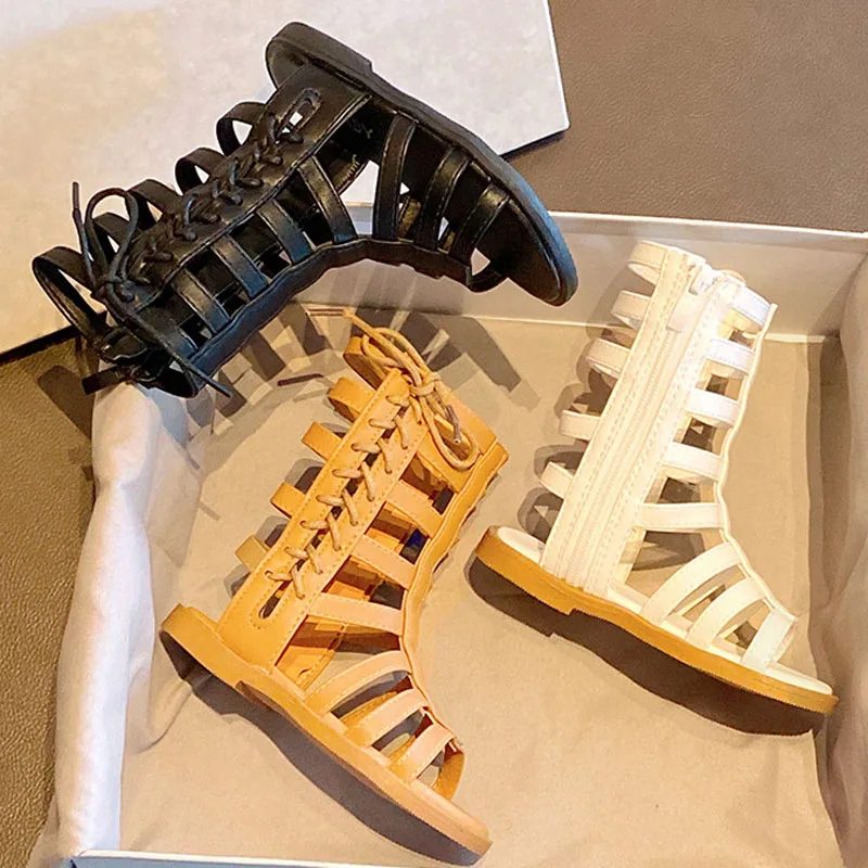 Fashion Girl Shoes Girls Open Toe Sandals Children Flat Heels 2025 Summer Boots High Top Open Toe Roman Kids Sandalias CSH1311