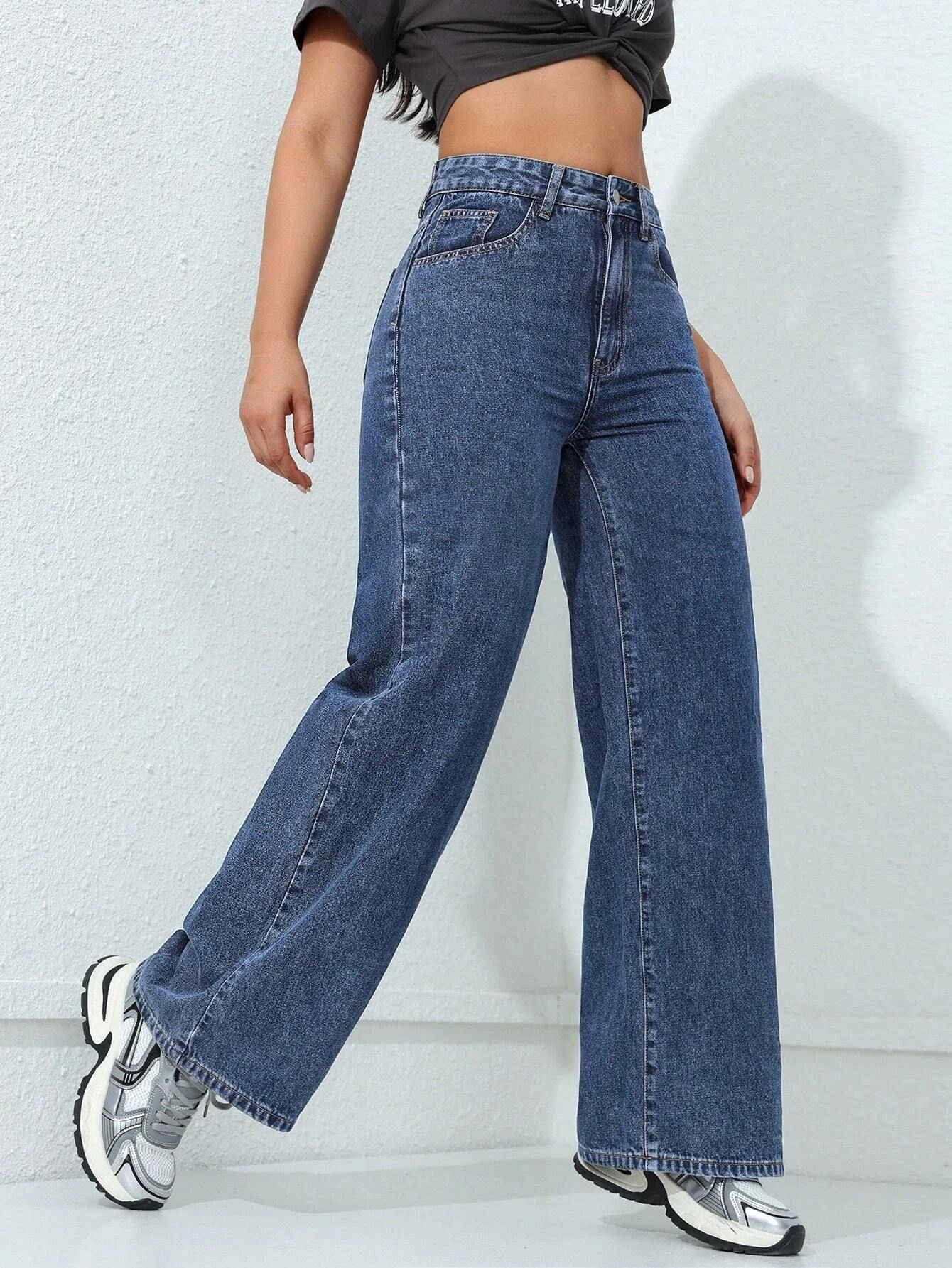 American Sle Jeans mit weitem Bein, lockere, gerade Taille, schlankmachende, bodenlange, lässige Denim-Hosen, hohe Taille, Baumwolle, Damen-Jeans