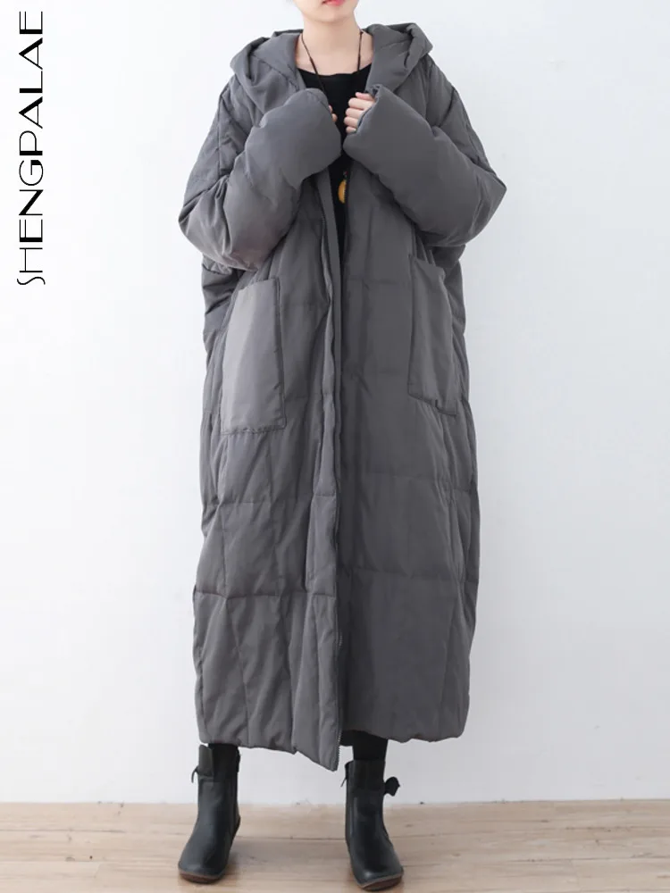 

SHENGPALAE Hooded Long Cotton Coat Thick And Warm Women Winter Loose Big Size Gray Women Zipper Down Jacket 2024 Autumn 5C1534