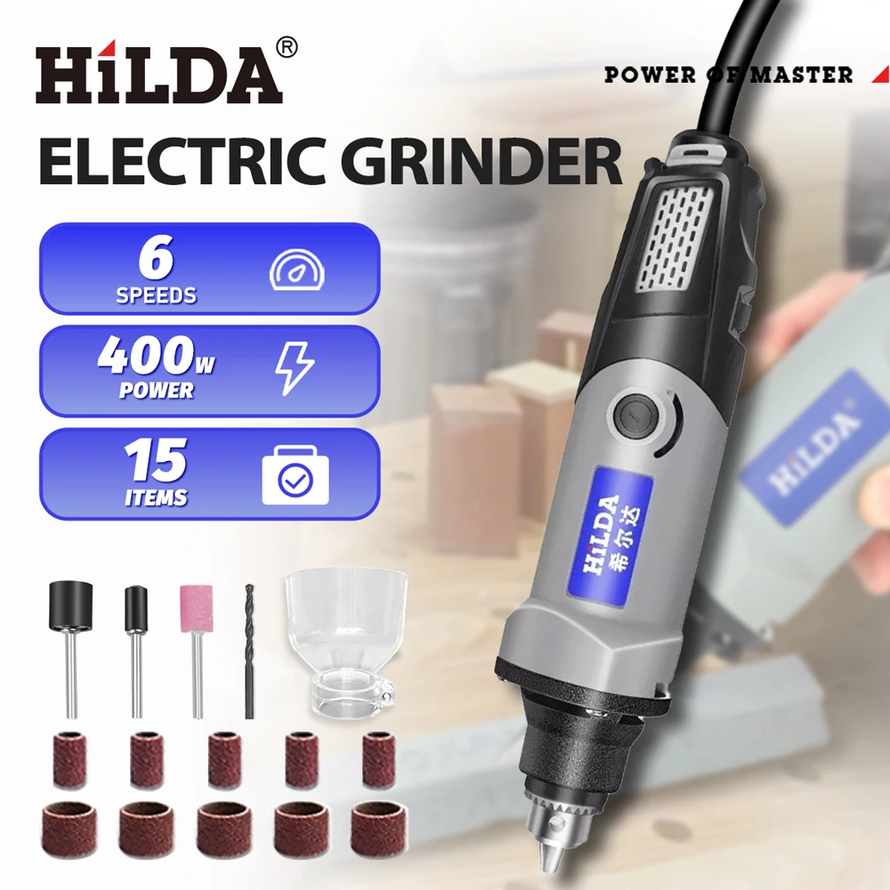 هيلدا الحفر الكهربائية أداة دوارة أدوات كهربائية متغيرة السرعة 400 واط مثقاب صغير 6 موقف أدوات دوارة آلة طحن صغيرة