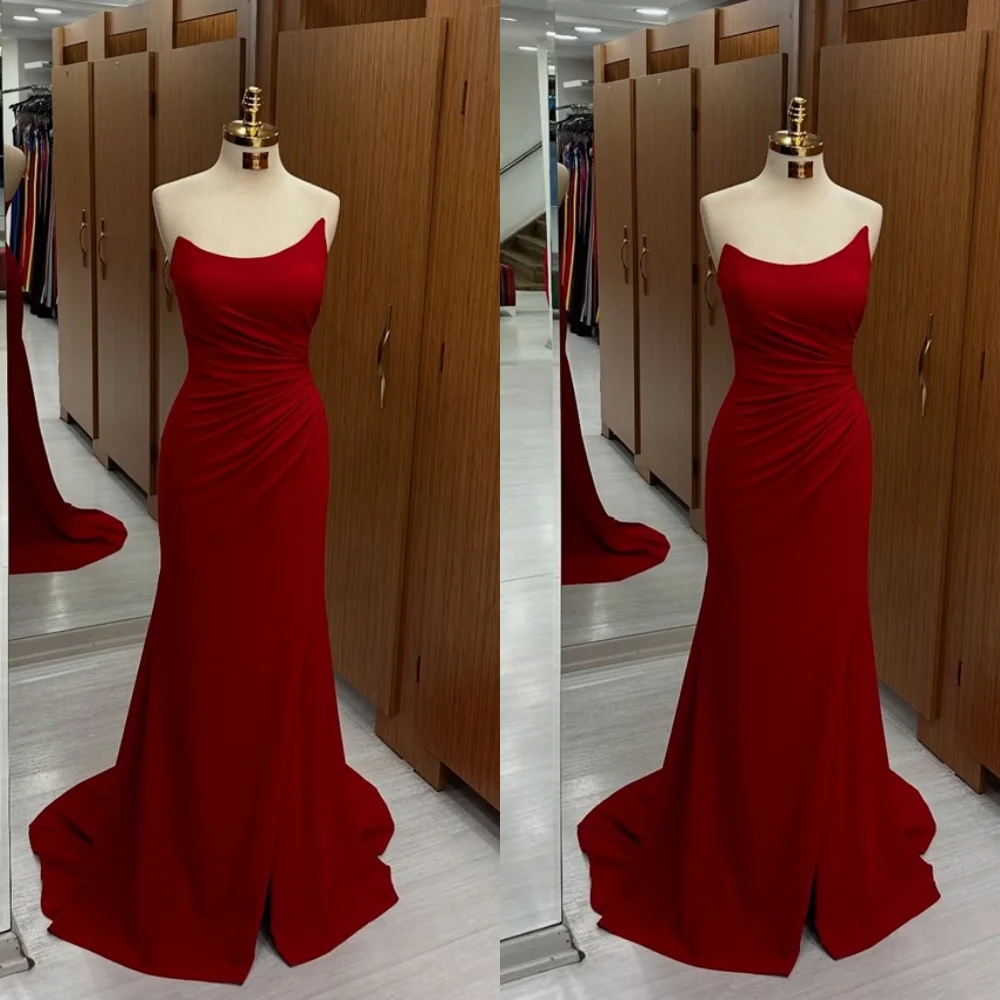

Customized Fashion Burgundy Jersey Evening Dress Elegant Strapless Sleeveless Mermaid Zipper Back Special Occasion Gowns