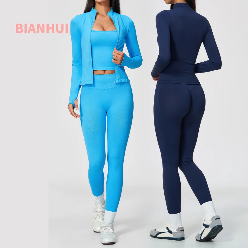 Women Seamless 3Pcs Yoga Outfit Zip Up Jacket Square Neck Tank Top High Waist Leggings Gym Fitness Running Sports Activewear Set