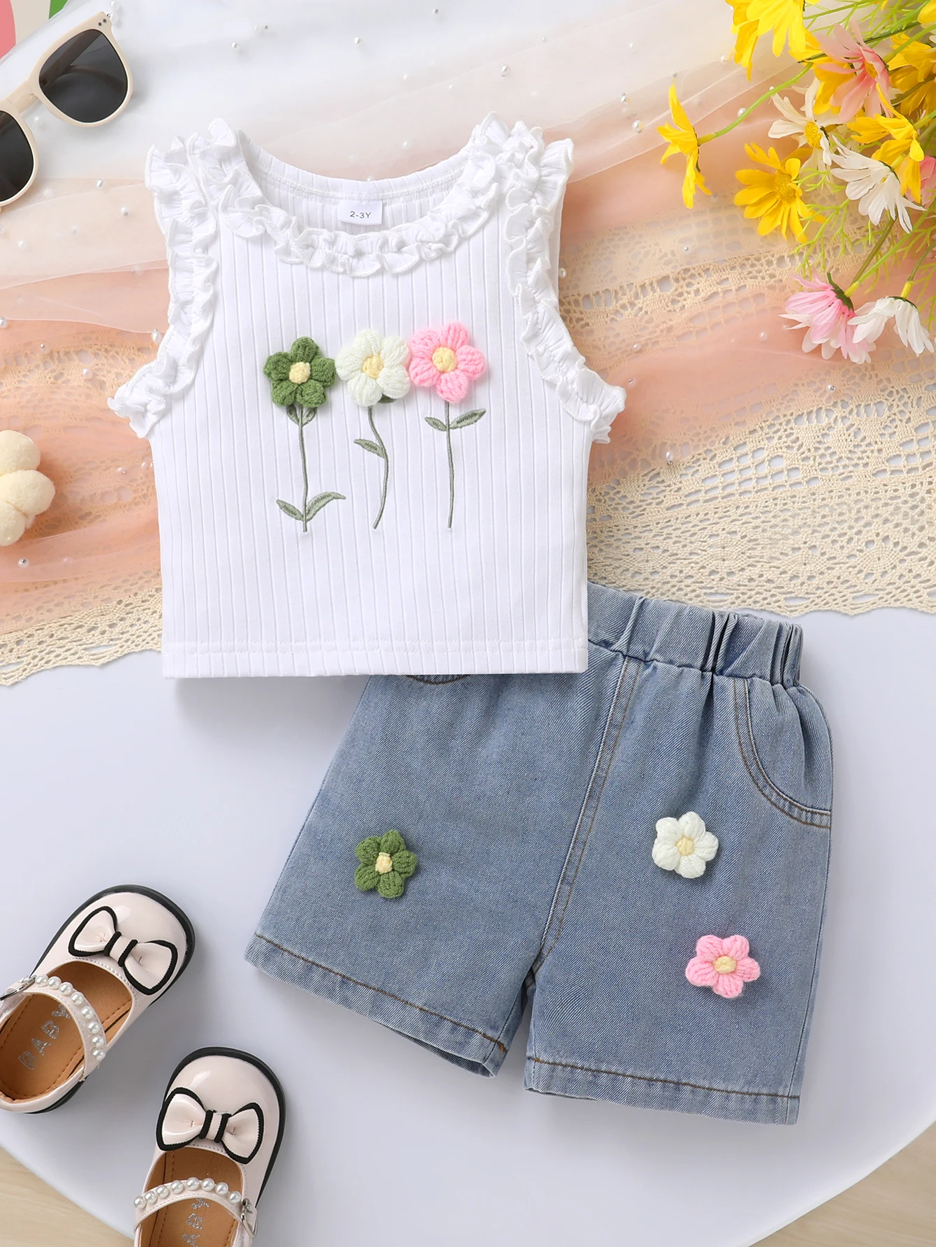 Toddler Girls Summer 2-Piece Outfit Cute 3D Floral Decor Ruffled Sleeveless T-Shirt with Fake Pocket Denim Shorts