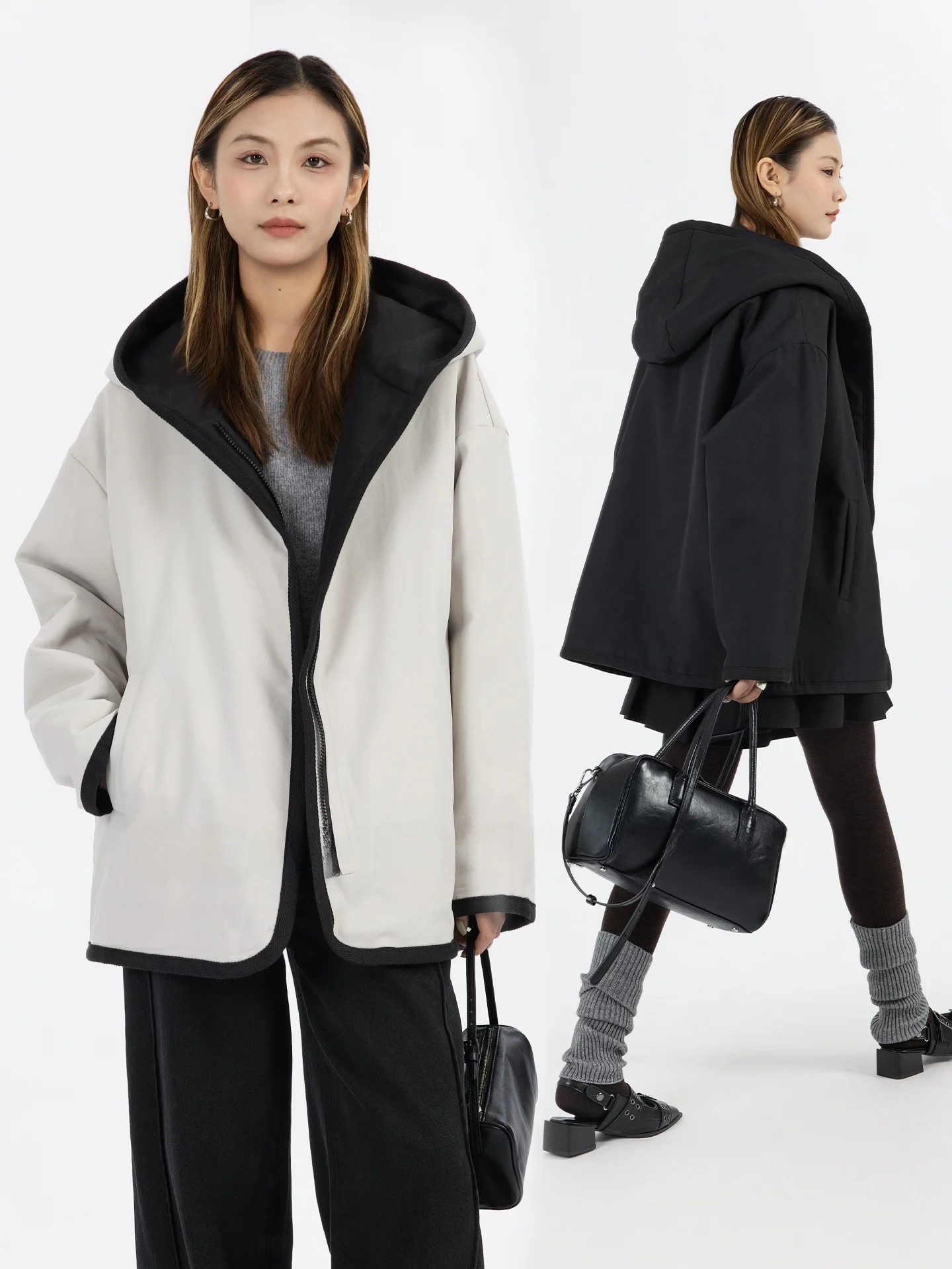 

Double-Sided Wear ey Hooded Camel down ort Jaet Women's Autumn Winter Loose Casual Design Top Women's Geometry Unit