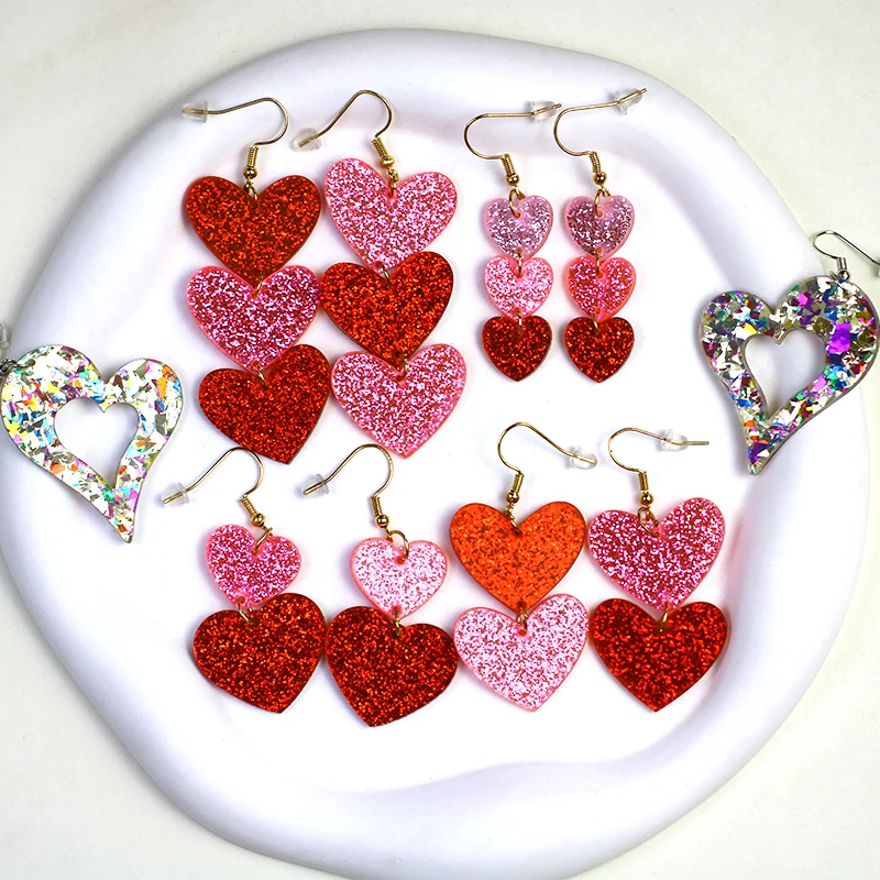 

Fashion Hit Color Glitter Heart Earrings For Women Cute Sequins Love Acrylic Drop Earring Valentine's Day Gift