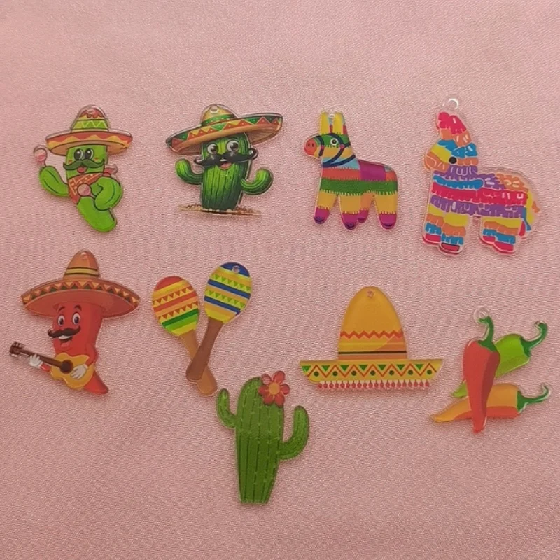 

10pcs Mexican Carnival Chili Rainbow Horse Hat Cactus Acrylic Pendant, DIY Jewelry Making Accessories