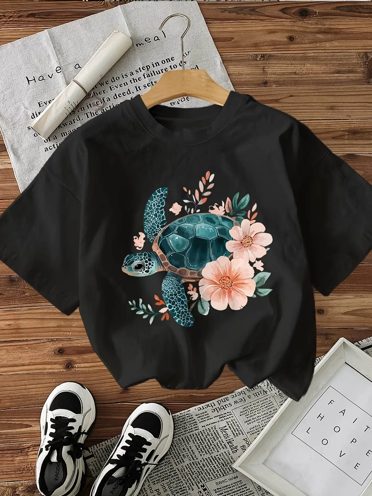 Harajuku Graphic Sea Turtle with Floral 100% Cotton Women's Retro Print T-Shirt Crew Neck Short Sleeve Top Vintage Shirt