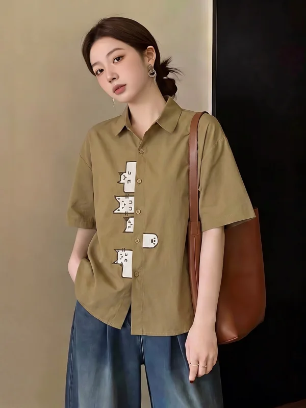 

Khaki Short Sleeve Shirt Women's Shoulder Length Cover Belly Summer New Style plus Size Fat MM Age Reduction Top Commute Style