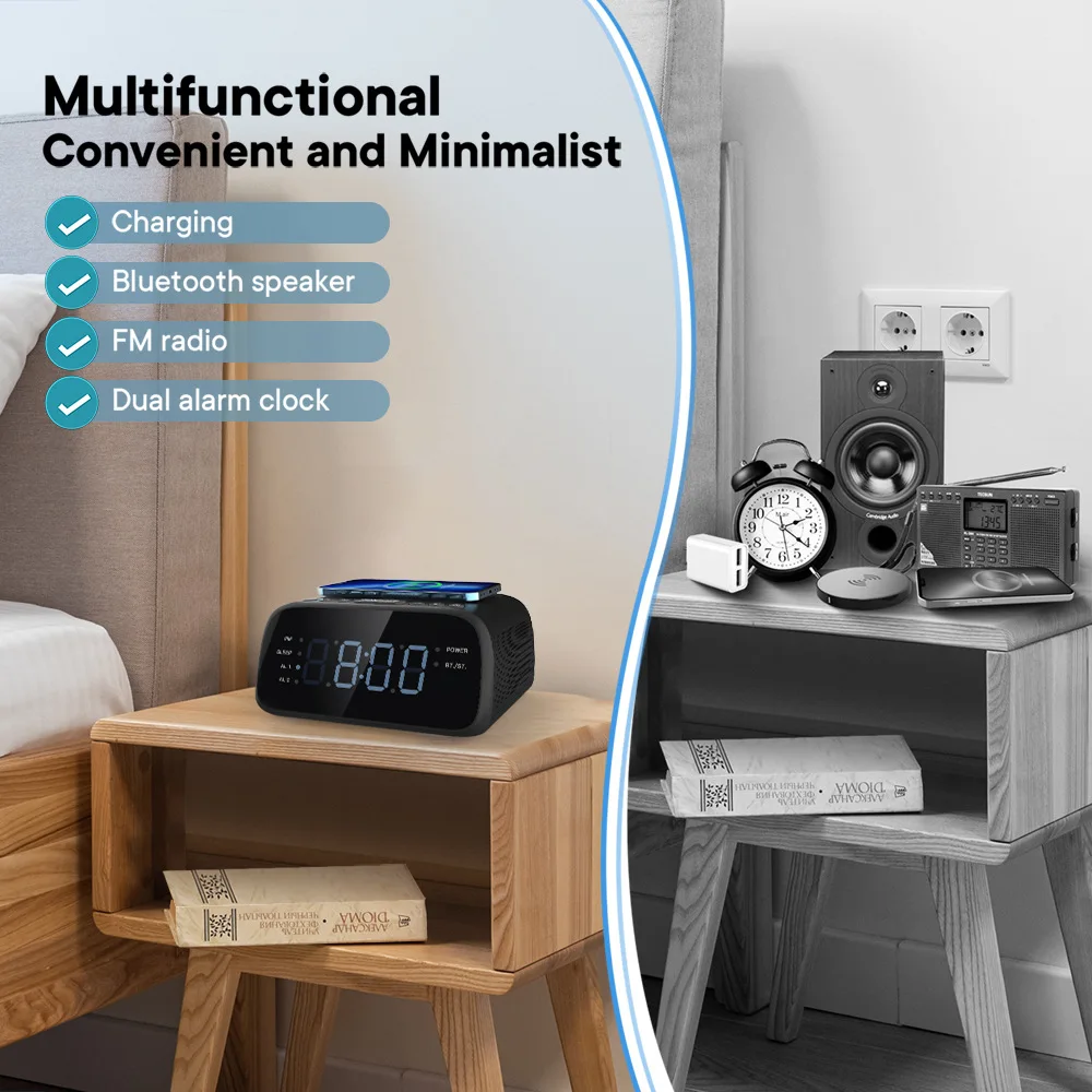 Caja De Som De escritorio, Altavoz Bluetooth con despertador Digital, Radio FM, caja De sonido para despertar en Hotel, luz LED De carga inalámbrica De 15W