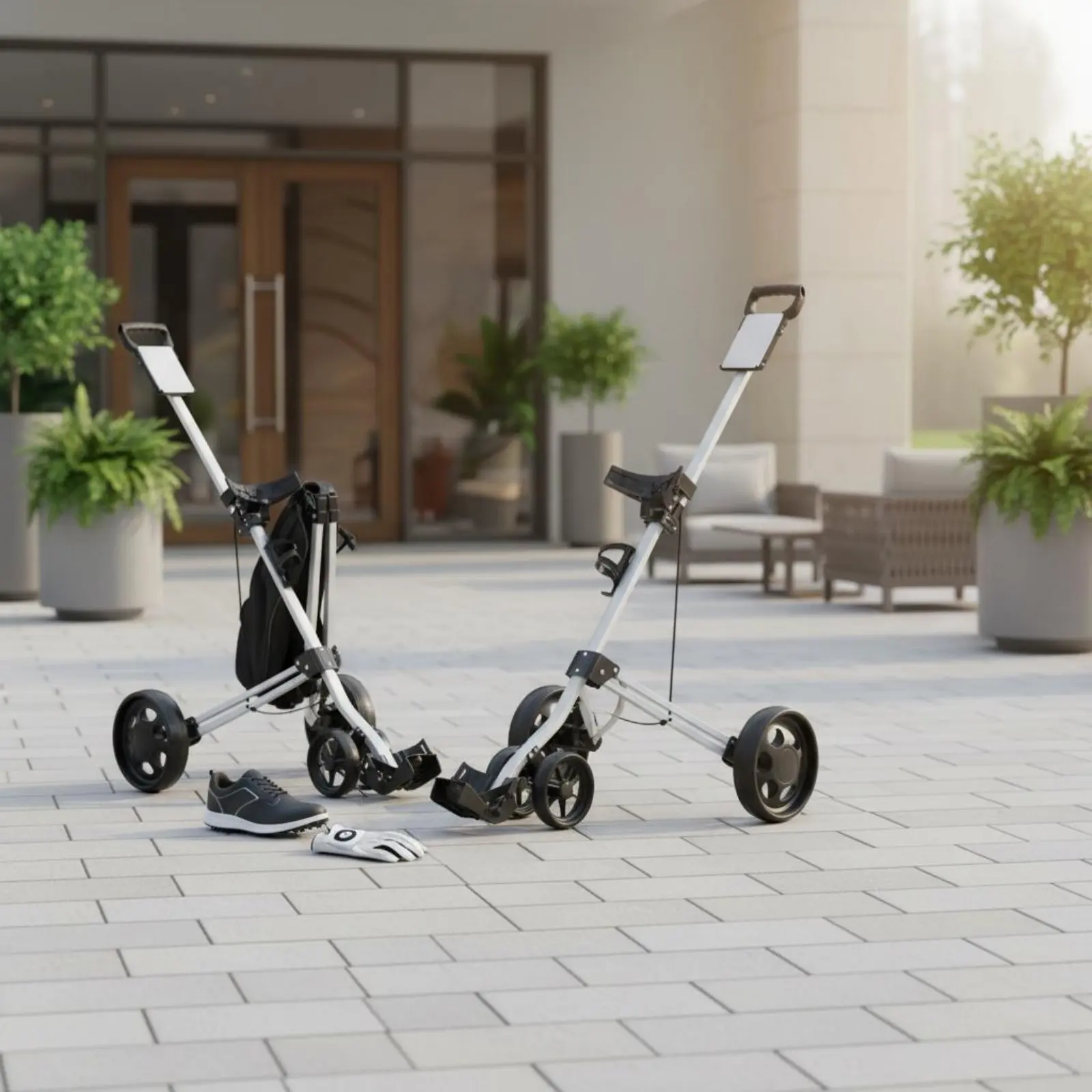 2 Wheel Sport Push Cart Water Bottle Holder Foldable Sport Pull Cart Sturdy Frame Effortless Rolling Wheels for Young Players
