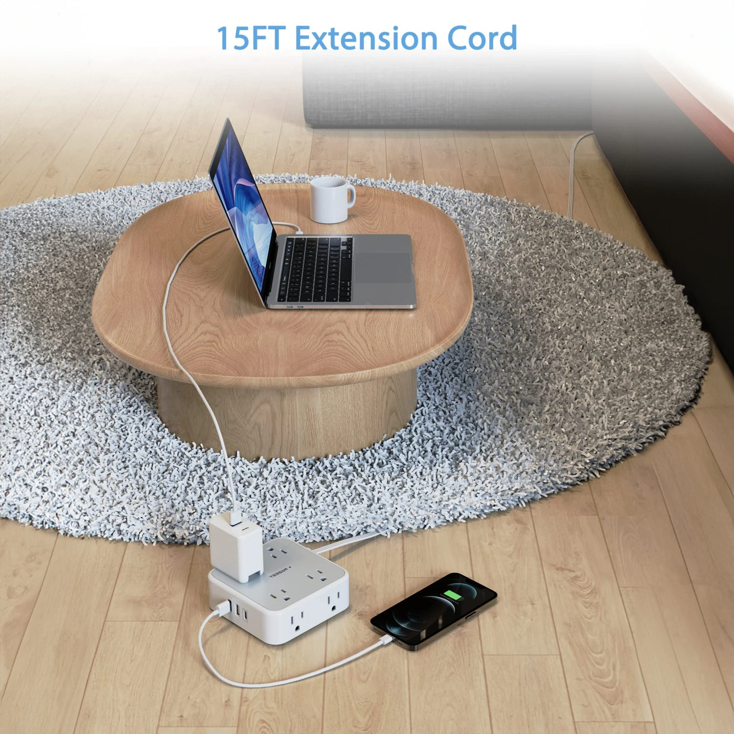 TESSAN Ultra-Thin Flat Plug Power Strip with 8 AC Outlets 3 USB Outlets 11-in-1 Power Strip with 5ft/10ft/15ft Extension Cable
