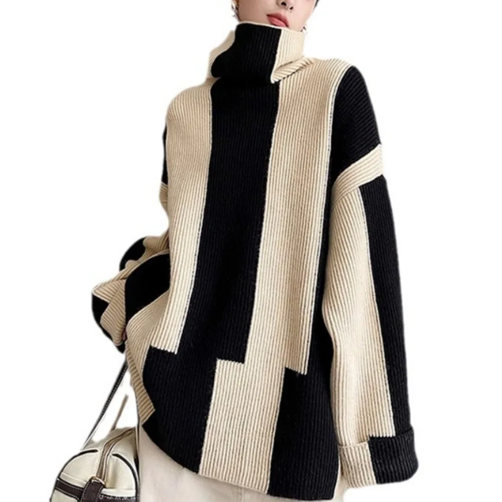 High-crowned Lazy Style Black White Stripe Wool Coat Women Autumn Winter Outdoor Warm Soft Cover Knitted Top Thick