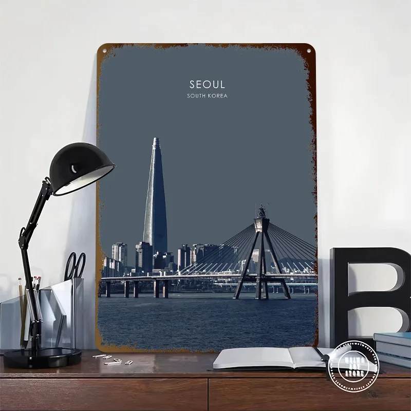 Seoul South Korea Travel Personalized 3D Textured Metal Poster Wall Art Vintage Tin Signs for Modern Home Decoration Luxury Room