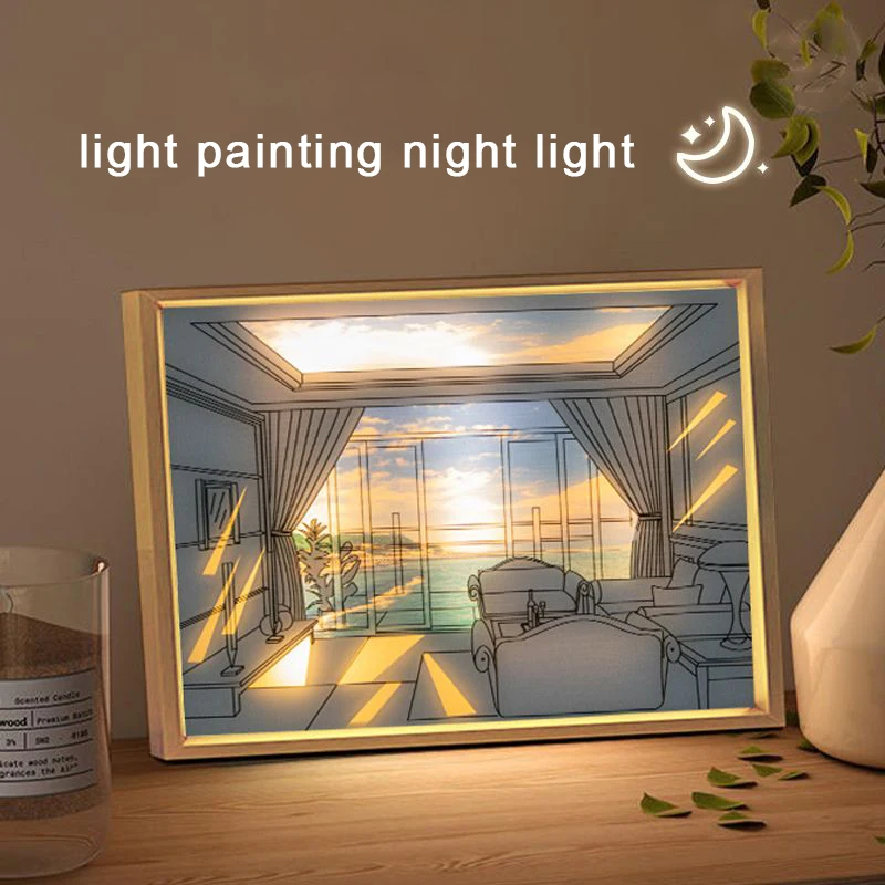 

Wood Photo Frame LED Night Light Sunshine Painting USB Plug 3 Color Adjustable Lighting Bedroom Wall Desktop Decor Dimming Lamps