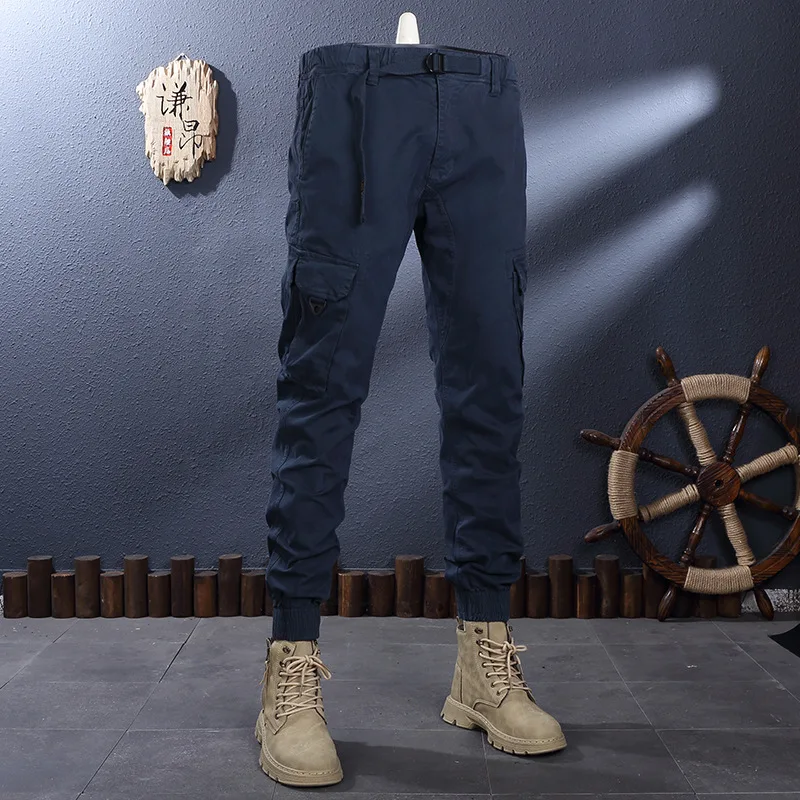 

Fashion Blue Overalls Men's Versatile Loose Straight Ankle-Tied Outdoor Korean Style Youth Belt Casual Pants