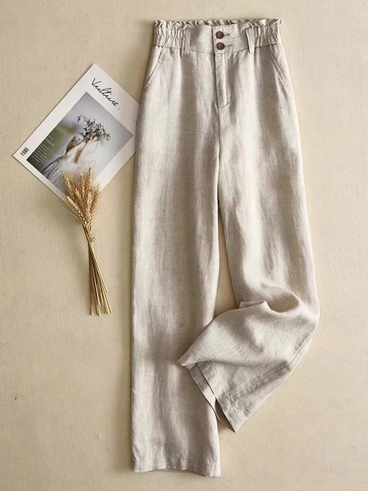 الراقية القطن الكتان السراويل المرأة الصيف رقيقة أمي الكتان السراويل 2025 جديد ربيع الخريف حجم كبير مستقيم الساق بنطال ذو قصة أرجل واسعة