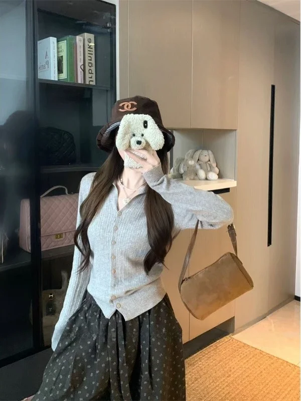 

Стильный женский вязаный кардиган с V-образным вырезом и длинными рукавами, повседневный приталенный базовый топ в корейском стиле для офиса и города