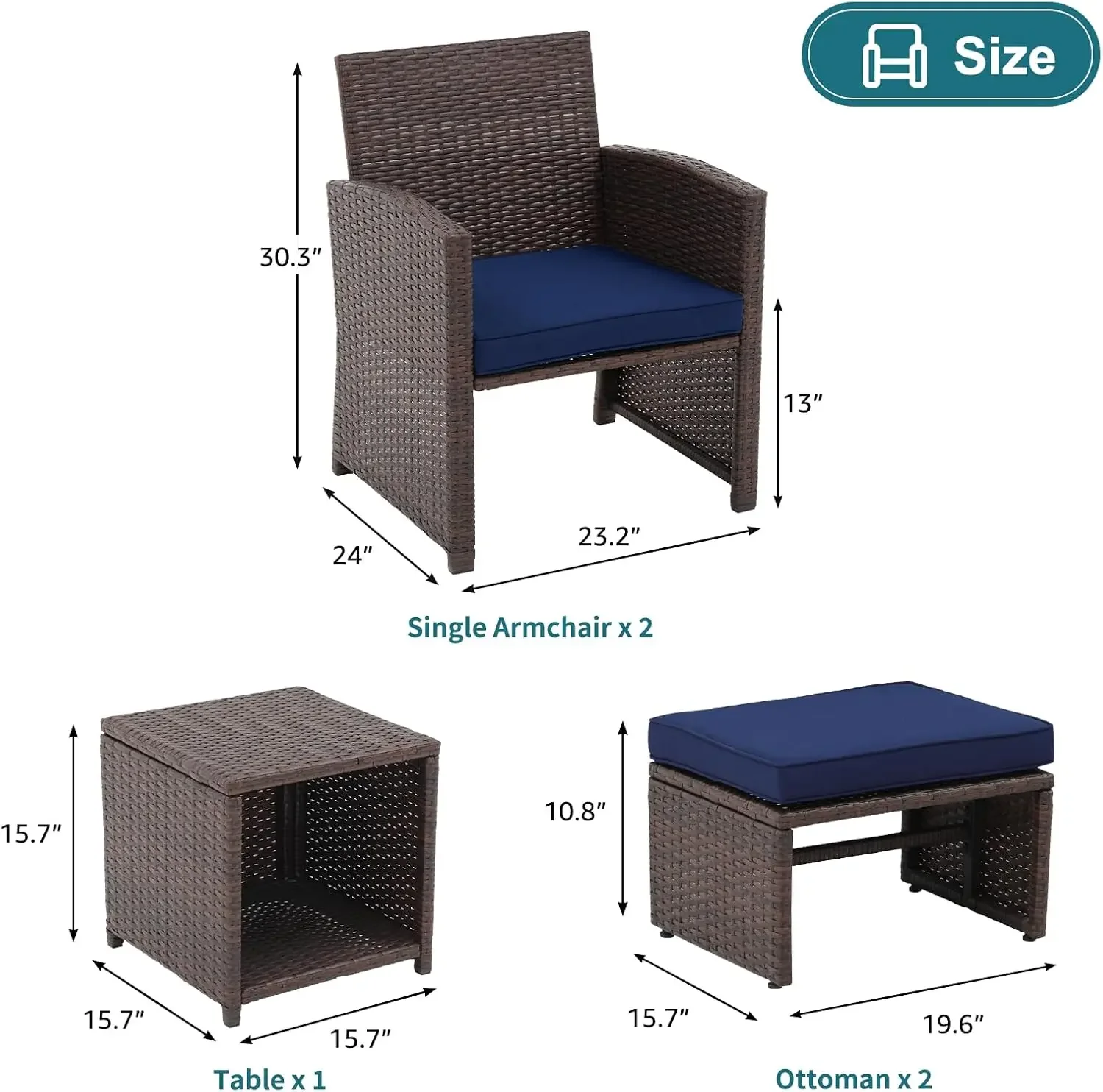 Set da giardino in vimini marrone da 5 pezzi con cuscini, pouf e tavolo portaoggetti per cortile, giardino, portico