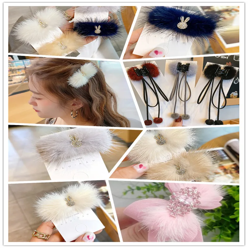 Fluffy Mink Plush Ball Bow Hairpin Headgear Corsage DIY Hair Accessories Phone Case Decorative Craft Accessories