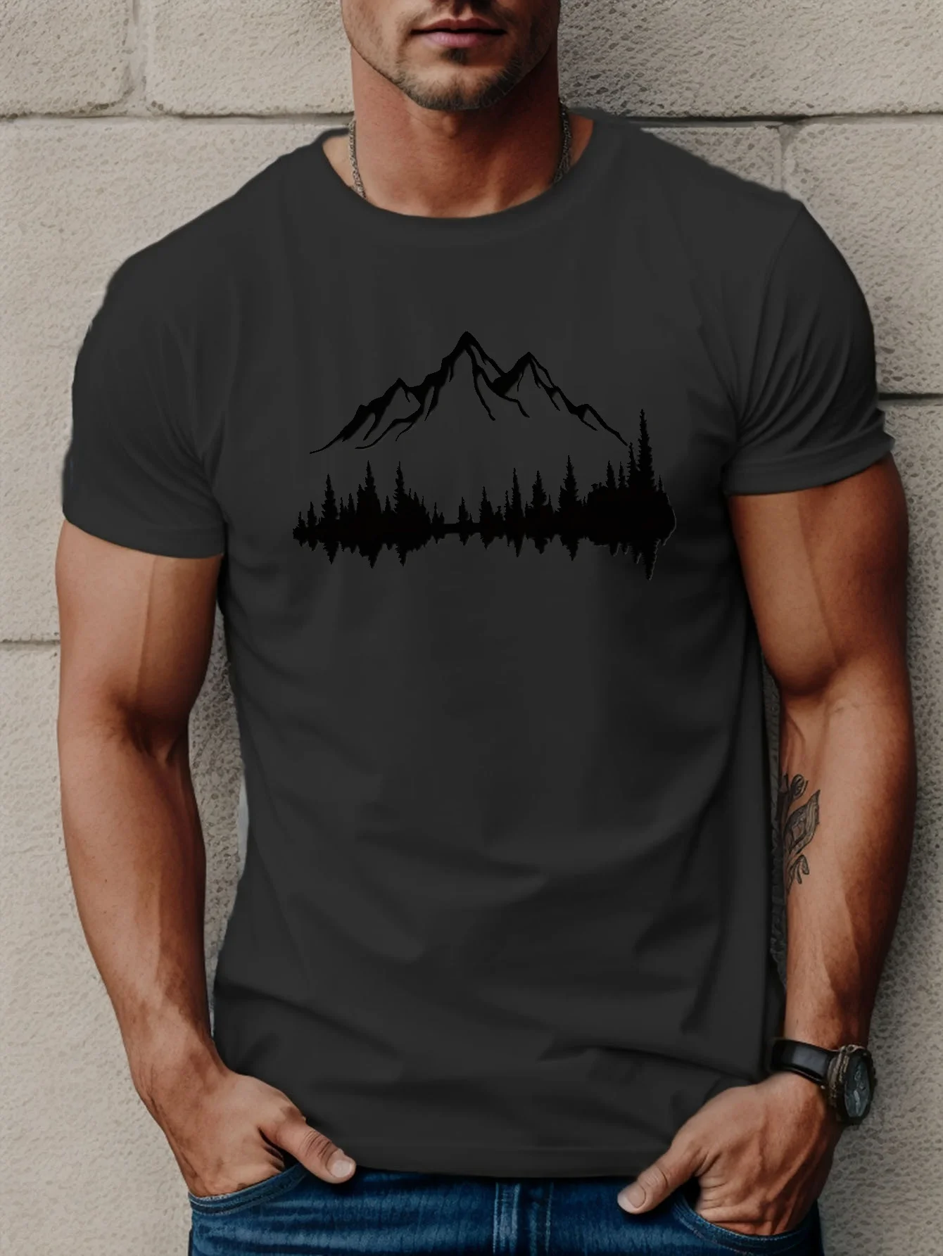 

Men's 80% Cotton Casual Loose Large Size Mountains And Trees Printed Sports Comfortable Round Neck Short Sleeve T-shirt Clothing