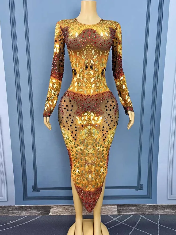 Hoge kwaliteit strass spiegel glitter onregelmatige rok elastische jurk 2025, nieuwe mode aangepaste dameskleding