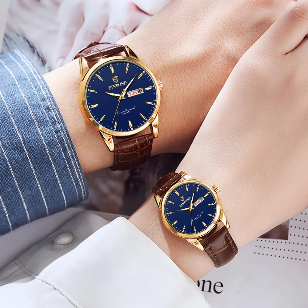 BINBOND Couple Watches Trend Simple Original Quartz Wristwatch Waterproof Luminous Date Week His and Her Watch Fashion Reloj New