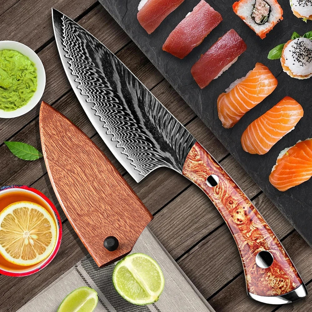 

Genuine Damascus steel knife, acrylic handle kitchen accessory kitchen knife, high-end fruit knife with knife cover gift box set