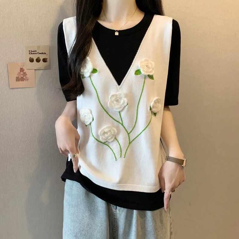 plus Size Women's Summer T-irt Patchwork ort Sve Overalls Slimming Design Korean Sle Cotton Blend round Ne Top