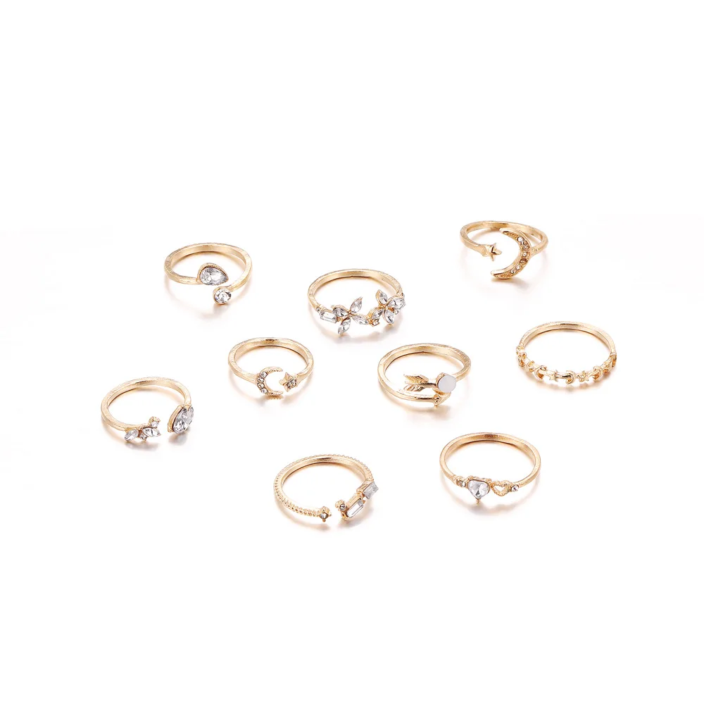 9 개/대 빈티지 골드 컬러 러브 하트 나비 금속 반지 여성을위한 설정 간단한 조립 반지 Paty Jewelry Gift Accessries