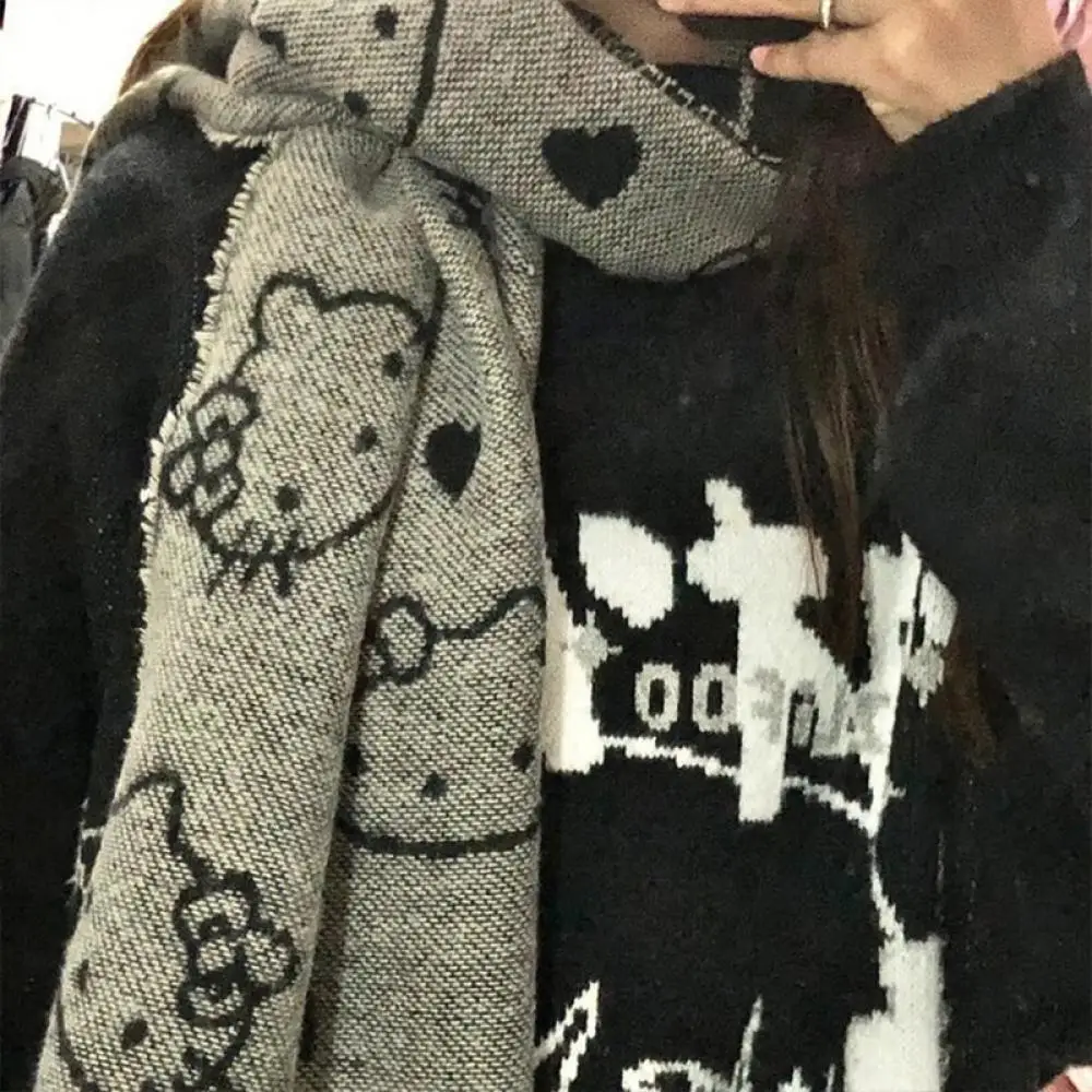 Szalik Y2K Hello Kitty Sanrio, pluszowy, dwustronny, anime kawaii, ciepły, gruby, słodki, idealny na zimę, prezent dla uczennic na festiwal.